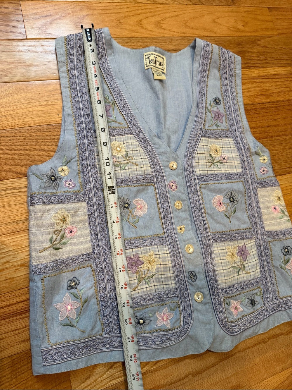 Light Blue Embroidered Floral Patchwork Button Front Vest - Picture 6 of 8